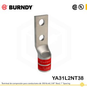 Terminal de compresión Burndy YA31L2NT38 de cobre estañado 350 kcmil, barril largo, 2 orificios 3/8", separación 1"