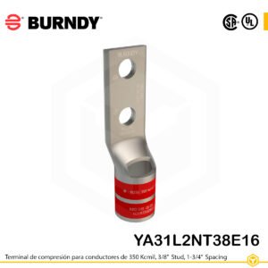 Terminal de compresión Burndy YA31L2NT38E16 de cobre estañado 350 kcmil, barril largo, 2 orificios 3/8", separación 1-3/4"
