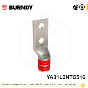 Terminal Burndy YA31L2NTC516 de cobre estañado, conductor 350 kcmil tipo “code conductor”, doble orificio de perno de 5/16″ espaciados 1 ¾″, barril estándar con ventana de inspección y entrada biselada (codificación roja).