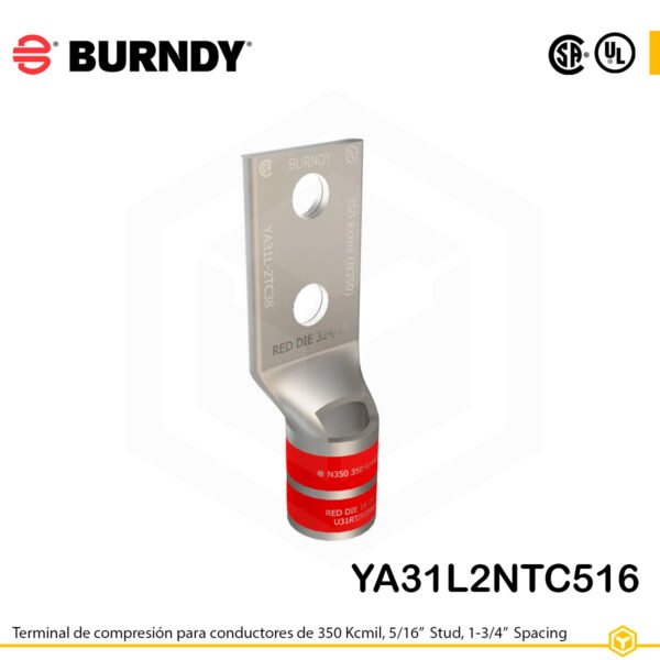 Terminal Burndy YA31L2NTC516 de cobre estañado, conductor 350 kcmil tipo “code conductor”, doble orificio de perno de 5/16″ espaciados 1 ¾″, barril estándar con ventana de inspección y entrada biselada (codificación roja).
