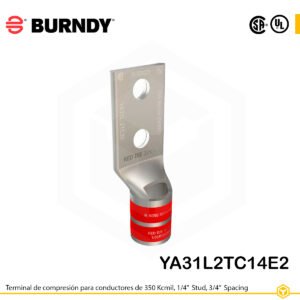Terminal Burndy YA31L2TC14E2 de cobre estañado, conductor 350 kcmil tipo “code conductor”, doble orificio de perno de ¼″ separados ¾″, barril estándar corto con ventana de inspección (codificación rojo).
