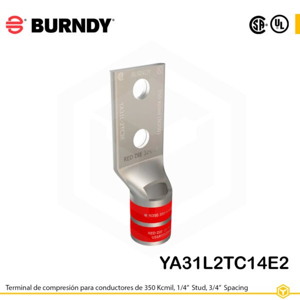 Terminal Burndy YA31L2TC14E2 de cobre estañado, conductor 350 kcmil tipo “code conductor”, doble orificio de perno de ¼″ separados ¾″, barril estándar corto con ventana de inspección (codificación rojo).