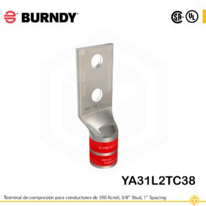 Terminal Burndy YA31L2TC38 de cobre estañado, conductor de 350 kcmil, diseño de doble orificio de perno de 3/8″ con espaciamiento de 1 pulgada, barril estándar corto con ventana de inspección (codificación roja).