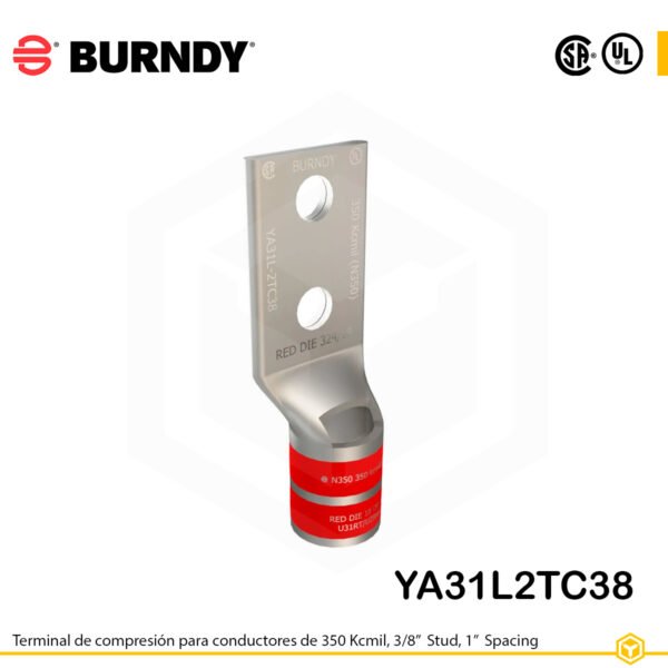 Terminal Burndy YA31L2TC38 de cobre estañado, conductor de 350 kcmil, diseño de doble orificio de perno de 3/8″ con espaciamiento de 1 pulgada, barril estándar corto con ventana de inspección (codificación roja).