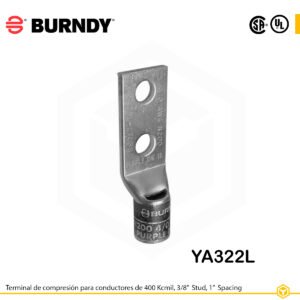 Terminal Burndy YA322L de cobre estañado, conductor 400 kcmil tipo “code conductor”, doble orificio de perno de 3/8″ espaciados 1″, barril estándar corto con ventana de inspección (codificación azul).