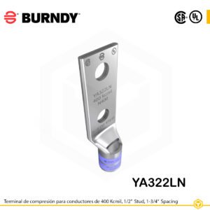 Terminal Burndy YA322LN de cobre estañado, conductor 400 kcmil tipo “code conductor”, doble orificio de perno de ½″ separados 1 ¾″, barril estándar corto con entrada biselada y ventana de inspección (codificación azul).