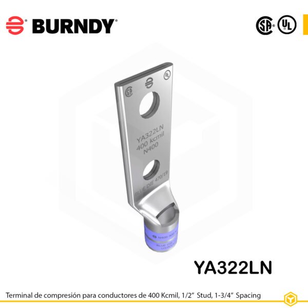 Terminal Burndy YA322LN de cobre estañado, conductor 400 kcmil tipo “code conductor”, doble orificio de perno de ½″ separados 1 ¾″, barril estándar corto con entrada biselada y ventana de inspección (codificación azul).