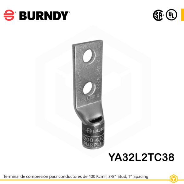 Terminal Burndy YA32L2TC38 de cobre estañado, conductor 400 kcmil tipo “code conductor”, dos orificios de perno de 3/8″ espaciados 1″, barril estándar corto con ventana de inspección (codificación azul).