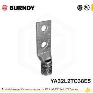 Terminal Burndy YA32L2TC38E5 de cobre estañado, conductor 400 kcmil tipo “code conductor”, doble orificio de perno de 3/8″ separados 1 pulgada, barril estándar corto con ventana de inspección (codificación azul).