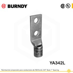 Terminal Burndy YA342L de cobre estañado, conductor 500 kcmil tipo “code conductor”, doble orificio de perno de 3/8″ espaciados 1″, barril estándar corto con ventana de inspección (codificación marrón).