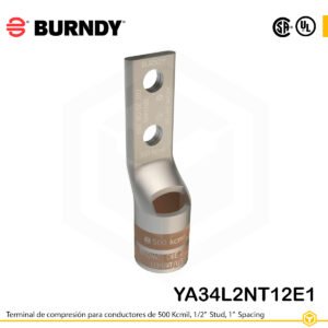 Terminal de compresión Burndy YA34L2NT12E1 de cobre estañado 500 kcmil, barril largo, 2 orificios 1/2", separación 1"
