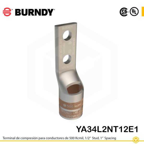 Terminal de compresión Burndy YA34L2NT12E1 de cobre estañado 500 kcmil, barril largo, 2 orificios 1/2", separación 1"