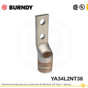Terminal de compresión Burndy YA34L2NT38 de cobre estañado 500 kcmil, barril largo, 2 orificios 3/8", separación 1"