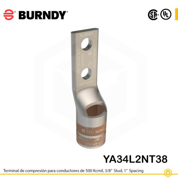 Terminal de compresión Burndy YA34L2NT38 de cobre estañado 500 kcmil, barril largo, 2 orificios 3/8", separación 1"