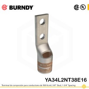 Terminal de compresión Burndy YA34L2NT38E16 de cobre estañado 500 kcmil, barril largo, 2 orificios 3/8", separación 1-3/4"