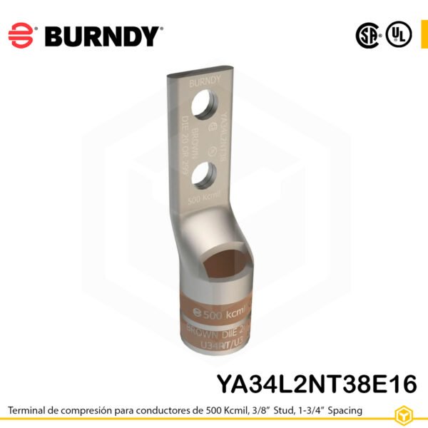 Terminal de compresión Burndy YA34L2NT38E16 de cobre estañado 500 kcmil, barril largo, 2 orificios 3/8", separación 1-3/4"