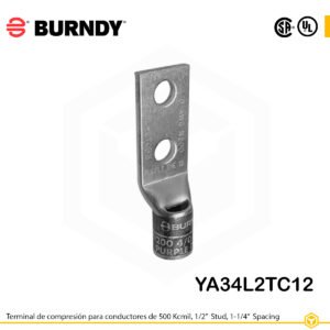 Terminal Burndy YA34L2TC12, cobre estañado, conductor 500 kcmil tipo “code conductor”, doble orificio de perno de ½″ espaciados 1¼″, barril estándar corto con ventana de inspección (codificación marrón).
