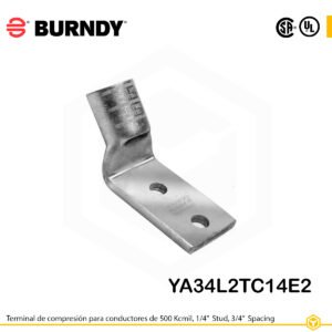Terminal Burndy YA34L2TC14E2 de cobre estañado, conductor 500 kcmil tipo “code conductor”, doble orificio de ¼″ espaciados ¾″, con barril estándar corto, entrada interna biselada y ventana de inspección (codificación marrón).