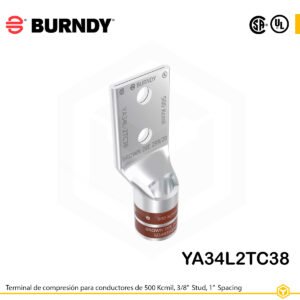 Terminal Burndy YA34L2TC38 de cobre estañado, conductor 500 kcmil tipo “code conductor”, doble orificio de perno de 3/8″ separados 1 pulgada, barril estándar corto con ventana de inspección (codificación marrón).