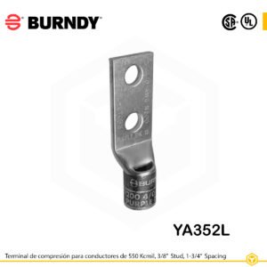 Terminal Burndy YA352L de cobre estañado, conductor 550 kcmil tipo “code conductor”, doble orificio de perno de 3/8″ espaciados aproximadamente 1 1/8″, barril estándar con entrada biselada y ventana de inspección