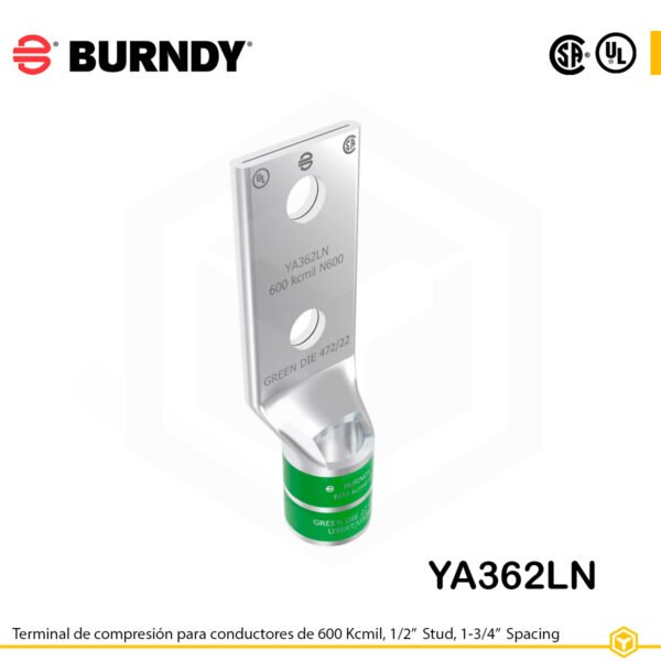 Terminal de compresión Burndy YA362LN de cobre 600 kcmil, 2 orificios 1/2", barril estándar