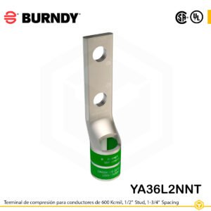 Terminal de compresión Burndy YA36L2NNT de cobre estañado 600 kcmil, barril largo, 2 orificios 1/2", separación 1-3/4"