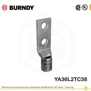 Terminal Burndy YA36L2TC38 de cobre estañado, conductor 600 kcmil tipo “code conductor”, doble orificio de perno de 3/8″ espaciados 1″, barril estándar corto con ventana de inspección (codificación verde).