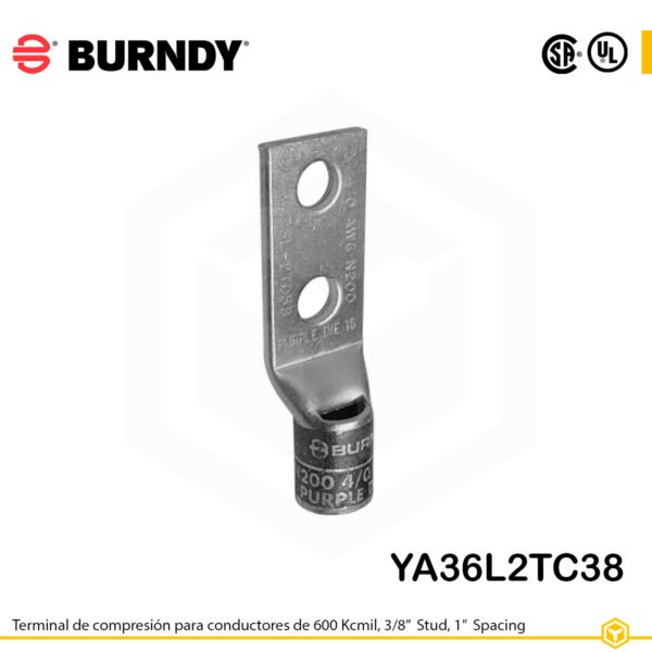 Terminal Burndy YA36L2TC38 de cobre estañado, conductor 600 kcmil tipo “code conductor”, doble orificio de perno de 3/8″ espaciados 1″, barril estándar corto con ventana de inspección (codificación verde).