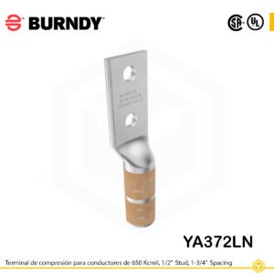 Terminal de compresión Burndy YA372N de cobre 650 kcmil, 2 orificios 1/2", barril estándar