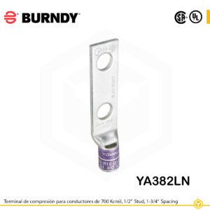 Terminal de compresión Burndy YA382LN de cobre 700 kcmil, barril estándar, 2 orificios 1/2", separación 1-3/4"