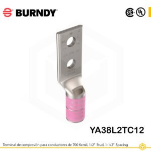 Terminal de compresión Burndy YA38L2TC12 de cobre estañado 700 kcmil, barril largo, 2 orificios 1/2", separación 1-1/2"