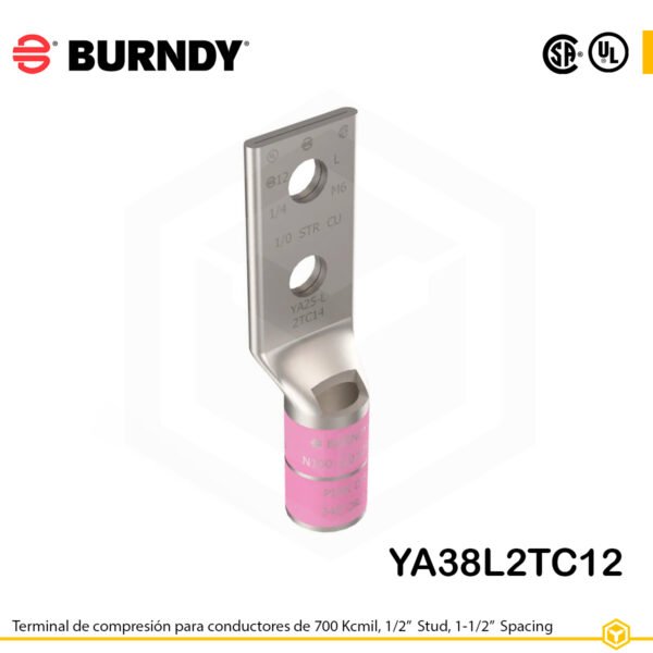 Terminal de compresión Burndy YA38L2TC12 de cobre estañado 700 kcmil, barril largo, 2 orificios 1/2", separación 1-1/2"