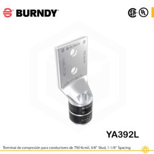 Terminal de compresión Burndy YA392L de cobre 750 kcmil, barril largo, 2 orificios 1/2", separación 1-1/8"