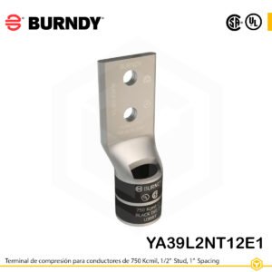 Terminal de compresión Burndy YA39L2NT12E1 de cobre estañado 750 kcmil, barril largo, 2 orificios 1/2", separación 1"