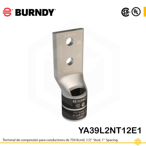 Terminal de compresión Burndy YA39L2NT12E1 de cobre estañado 750 kcmil, barril largo, 2 orificios 1/2", separación 1"