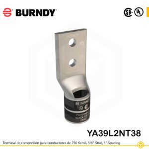 Terminal de compresión Burndy YA39L2NT38 de cobre estañado 750 kcmil, barril largo, 2 orificios 3/8", separación 1"