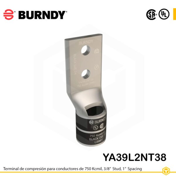 Terminal de compresión Burndy YA39L2NT38 de cobre estañado 750 kcmil, barril largo, 2 orificios 3/8", separación 1"