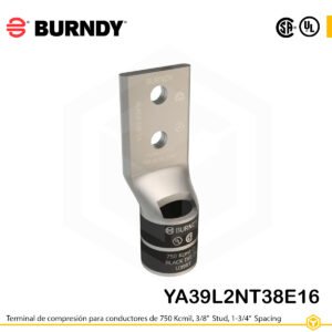 Terminal de compresión Burndy YA39L2NT38E16 de cobre estañado 750 kcmil, barril largo, 2 orificios 3/8", separación 1-3/4"