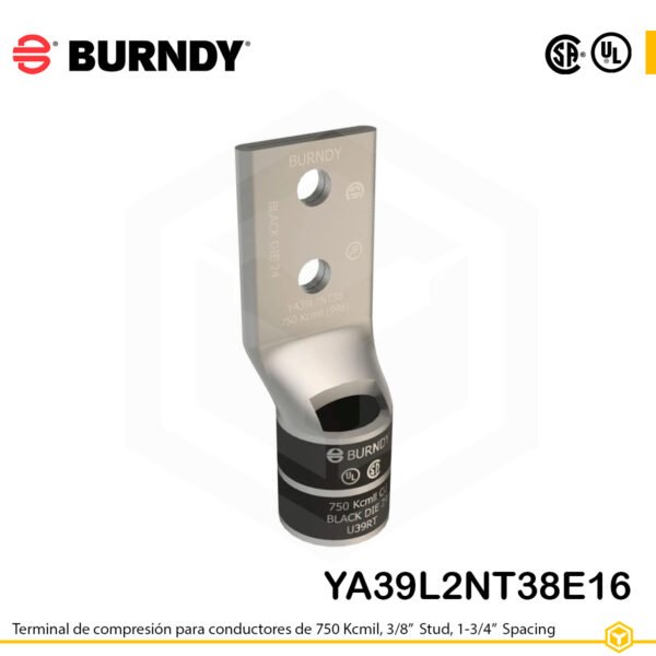 Terminal de compresión Burndy YA39L2NT38E16 de cobre estañado 750 kcmil, barril largo, 2 orificios 3/8", separación 1-3/4"