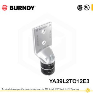 Terminal de compresión Burndy YA39L2TC12E3 de cobre estañado 750 kcmil, barril largo, 2 orificios 1/2", separación 1-1/2"