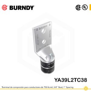 Terminal de compresión Burndy YA39L2TC38 de cobre estañado 750 kcmil, barril largo, 2 orificios 3/8", separación 1"