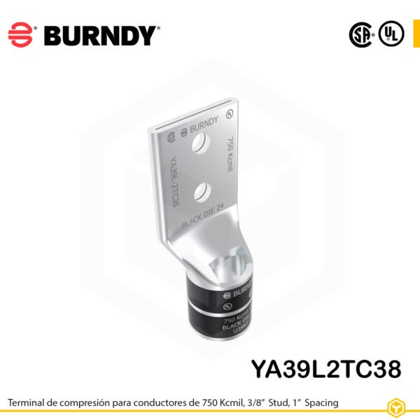 Terminal de compresión Burndy YA39L2TC38 de cobre estañado 750 kcmil, barril largo, 2 orificios 3/8", separación 1"