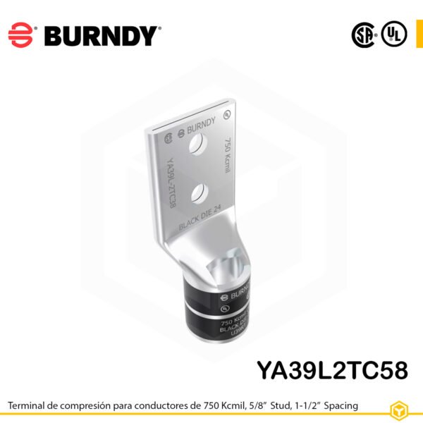 Terminal de compresión Burndy YA39L2TC58 de cobre estañado 750 kcmil, barril largo, 2 orificios 5/8", separación 1-1/2"