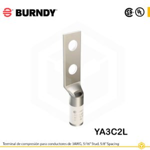 Terminal Burndy YA3C2L de cobre estañado, conductor 3 AWG tipo “code conductor”, con doble orificio de perno de 5/16″ separados por 5/8″, barril estándar con ventana de inspección (color blanco).