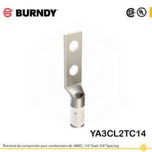 Terminal Burndy YA3CL2TC14 de cobre estañado, conductor 3 AWG, con dos orificios de perno de ¼″ separados 5/8″, barril estándar con ventana de inspección (color blanco).