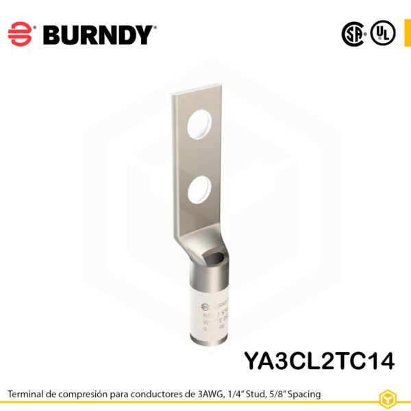 Terminal Burndy YA3CL2TC14 de cobre estañado, conductor 3 AWG, con dos orificios de perno de ¼″ separados 5/8″, barril estándar con ventana de inspección (color blanco).