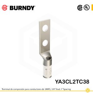 Terminal Burndy YA3CL2TC38 de cobre estañado, conductor 3 AWG (code conductor), con dos orificios de perno de 3/8″ espaciados 1″, barril estándar con ventana de inspección (color blanco).