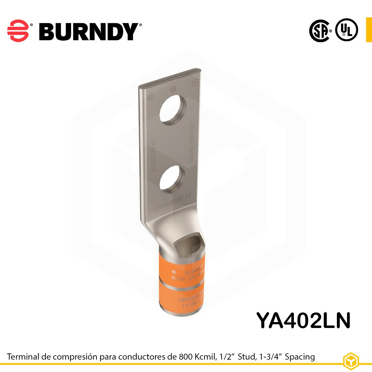YA402LN-terminal-de-compresión-burndy Terminal de compresión Burndy YA402N de cobre 800 kcmil, barril estándar, 2 orificios 1/2", separación 1-3/4"