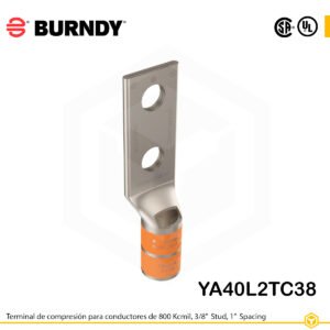 Terminal de compresión Burndy YA40L2TC38 de cobre estañado 800 kcmil, barril largo, 2 orificios 3/8", separación 1"