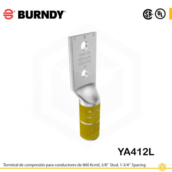 Terminal de compresión Burndy YA412L de cobre 800 kcmil, barril largo, 2 orificios 3/8", separación 1-3/4"